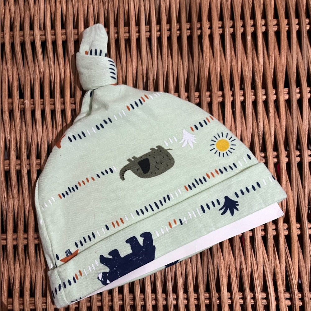 Pale Green Baby Hat with various animals  OS NWT